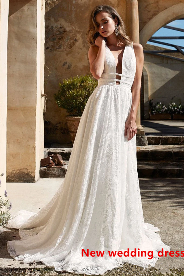 Promfast Rustic Lace Wedding Dress V neck Backless Wedding Dress for S