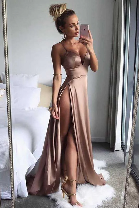 Promfast Brown Satin Thigh High Slit Deep V Neck Spaghetti Straps Long A Line Prom Dresses PFP2109