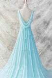 Ice Blue Simple Deep V-neck Beaded Open Back Prom Dresses PFP1258