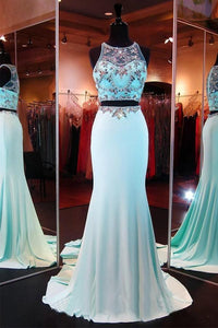 Light Sky Blue Long Two Pieces Mermaid Beaded Prom Dresses PFP1260