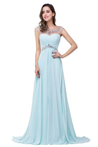 Light Sky Blue Backless Chiffon Long Beaded Prom Dresses PFP1276