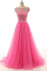 Hot Pink Beaded Long Zipper Modest Evening Prom Dresses PFP1280