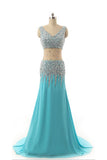 V-neck Light Sky Blue Beaded Long Prom Evening Dresses PFP1287