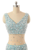 V-neck Light Sky Blue Beaded Long Prom Evening Dresses PFP1287