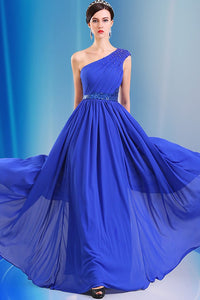 One Shoulder Chiffon Long Royal Blue Simple Prom Dresses PFP1291