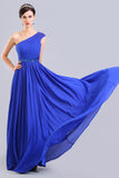 One Shoulder Chiffon Long Royal Blue Simple Prom Dresses PFP1291