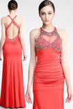 Backless Watermelon Sheath Mermaid Beaded Prom Dresses PFP1294