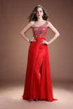 Front Split One Shoulder Red Beaded Open Back Prom Dresses PFP1302