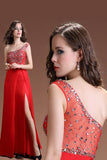 Front Split One Shoulder Red Beaded Open Back Prom Dresses PFP1302