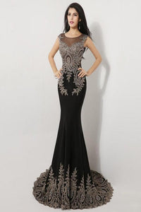 Sweep Train Black Long Cap Sleeve Beaded Prom Dresses PFP1307