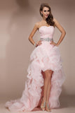 Pink High Low Backless Beaded Short Front Long Back Prom Dresses PFP1315