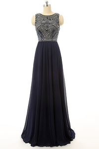 Cheap Prom Dress Navy Blue Beaded Long Graduation Dresses PFP1319