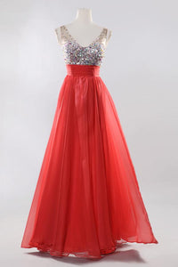 V-neck Beaded Red Long Backless Prom Evening Dresses PFP1320