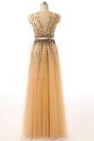 Beaded Gold Long Cap Sleeves Modest Prom Party Dresses PFP1321