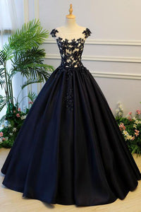 Generous Puffy A-Line Cap Sleeves Lace-up Black Satin Long Prom Dress ...
