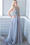 Charming A-Line Crew Sweep Train Grey Chiffon Prom Dress with Beading PFP1365