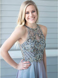 Charming A-Line Crew Sweep Train Grey Chiffon Prom Dress with Beading PFP1365