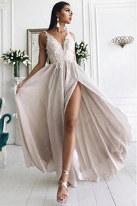 A-Line V-Neck Floor-Length Chiffon Prom Dress with Appliques PFP1370