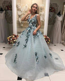 A Line V Neck Long Prom Gown With Appliques, Formal Evening Dress PFP1376