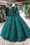 Scoop Long Sleeves Lace Up Back Green Prom Dresses PFP1386