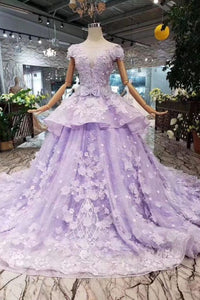 Lilac Short Sleeves Lace Up Back Appliques Tulle Princess Prom Dresses PFP1387