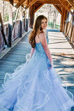 Charming Strapless Blue Ruffles Long Prom Dress with Appliques PFP1391