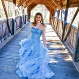 Charming Strapless Blue Ruffles Long Prom Dress with Appliques PFP1391