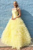 Princess Strapless Tiered Floor Length Yellow Ball Gown Prom Dress PFP1397