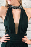 Elegant Dark Green Chiffon Split Long Prom Dress With Beads PFP1409