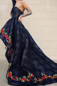 Strapless Embroidery Floral Hi-Low Black Prom Dress with Train PFP1414