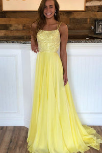 Criss Cross Back Beaded Yellow Long A Line Prom Dress PFP1419