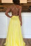 Criss Cross Back Beaded Yellow Long A Line Prom Dress PFP1419