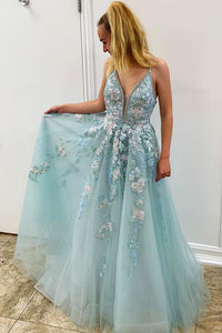 Spaghetti Straps Floral Appliques Long Prom Dress With Beading PFP1422