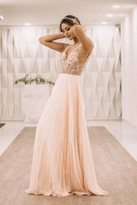 Pearl Pink V Back Appliques Long Prom Evening Dress PFP1425