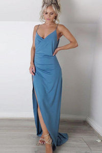 Sheath Spaghetti Straps Sweep Train Blue Simple Prom Dress with Split PFP1437