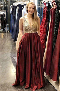 Burgundy A-line Beaded Prom Dresses V-neck Formal Dresses With Pockets PFP1449