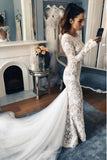 Mermaid Crew Long Sleeves Illusion Back Lace Wedding Dress PFW0342