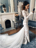 Mermaid Crew Long Sleeves Illusion Back Lace Wedding Dress PFW0342