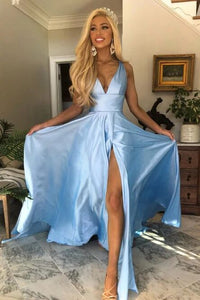 Charming A-Line V-Neck Open Back Light Blue Prom Dress with Split PFP1500