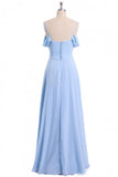 A-line Sky Blue Long Bridesmaid Dress, Off Shoulder Chiffon Long Prom Dress PFB0117