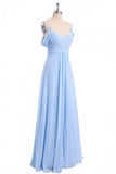 A-line Sky Blue Long Bridesmaid Dress, Off Shoulder Chiffon Long Prom Dress PFB0117