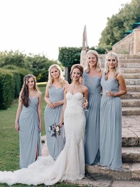 Long One Shoulder Cheap Dusty Blue Bridesmaid Dresses with Slit PFB012 –  Promfast