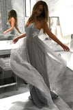 Charming Spaghetti Straps Grey A Line Tulle Long Prom Dress PFP1545