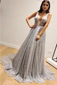 A-Line Sleeveless Silver Long Prom Dresses, V Neck Sleeveless Prom Gown PFP1548