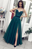 Green A Line Tulle Spaghetti Straps Beaded Long Prom Dress PFP1550