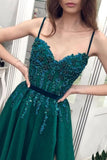 Green A Line Tulle Spaghetti Straps Beaded Long Prom Dress PFP1550