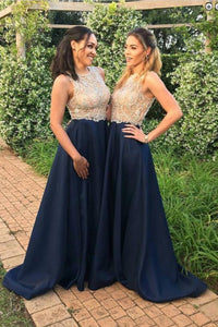 Navy Blue Long Cheap Beaded Prom Dress,New A Line Bridesmaid Dress PFB0031