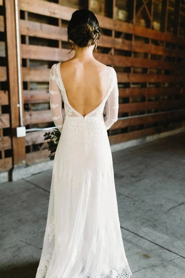 Promfast Unique Bateau Neck Long Sleeves Backless Lace Wedding Dress P