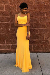 Mermaid Spaghetti Straps Floor-Length Yellow Sexy Prom Dress PFP1574