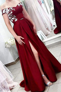 A Line Off the Shoulder Short Sleeves Burgundy Satin Prom Dress With Split PFP1577